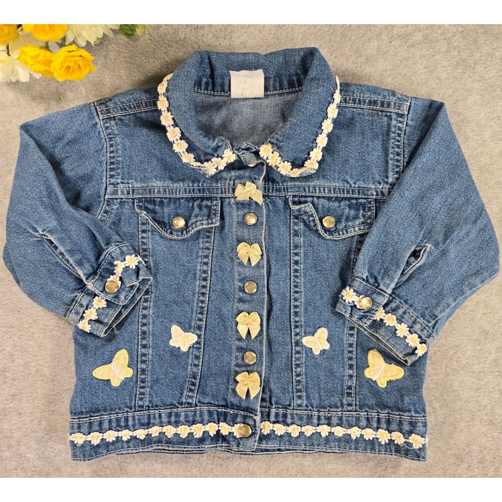 Vintage Y2K Girls Blue Denim Jacket Butterfly Daisy Floral Trim Bows Size 24m